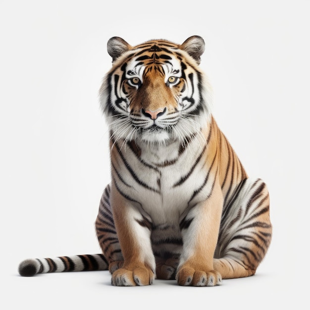 Een tijger zittend op de grond met een witte achtergrond.