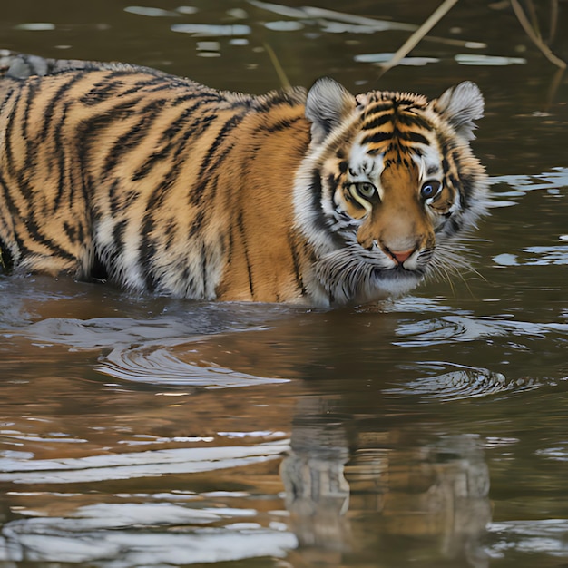 een tijger zwemt in het water en zwemt