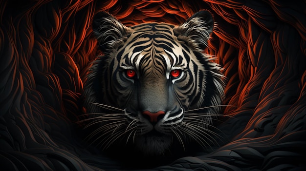 Een tijgergezicht met spiraalpatroon en de stijl van surrealistische komische scènes