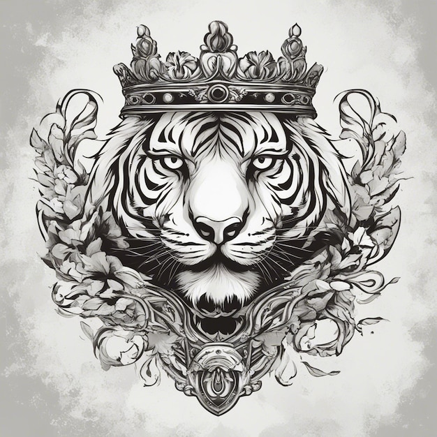 Foto een tijgerhoofd met een kroon elegant en edel logo zwart en wit sticker zegel