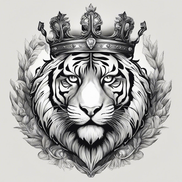 Een tijgerhoofd met een kroon elegant en edel logo zwart en wit sticker zegel