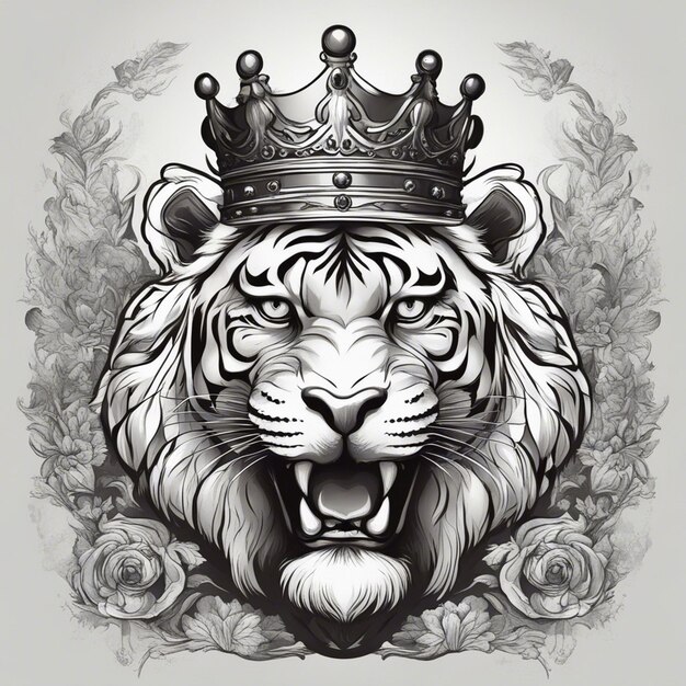 Een tijgerhoofd met een kroon elegant en edel logo zwart en wit sticker zegel