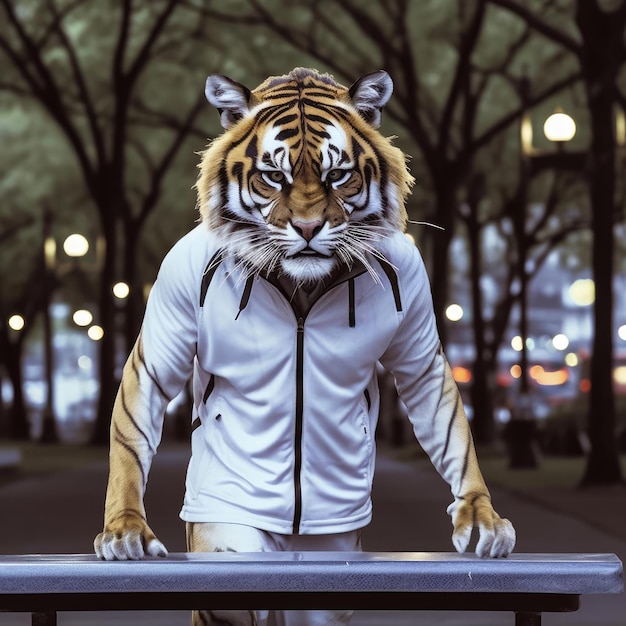 Een tijgerman loopt door de stad