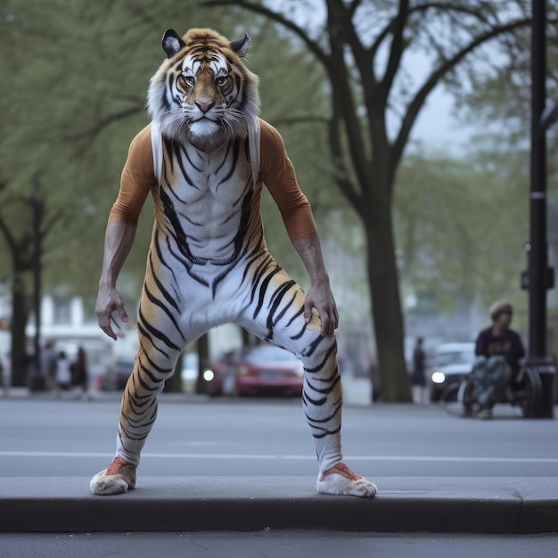 Foto een tijgerman loopt door de stad