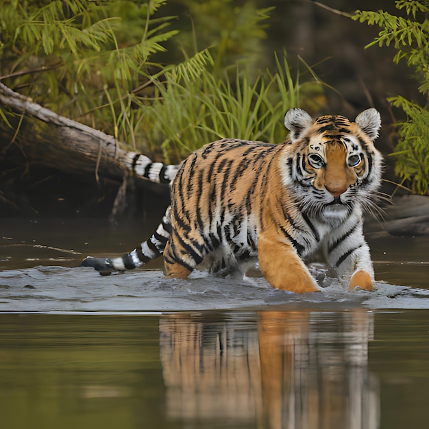 Een tijgerwelp loopt in het water in het bos.