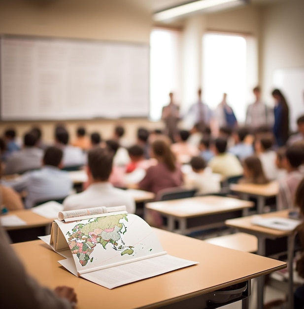 Een tilt-shift opname van een leraar die een lezing geeft in een grote collegezaal, stockafbeeldingen voor onderwijs