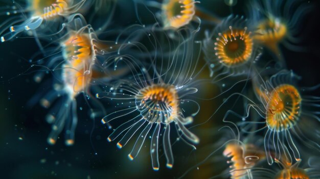 Foto een timelapse beeld van ciliaten die samenkomen om een prachtige en gesynchroniseerde massa van