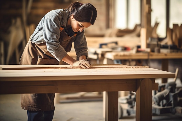 Een timmerman die een houten tafel maakt