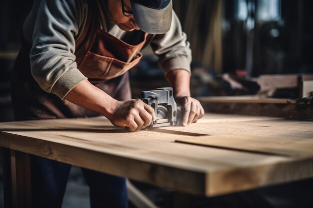 Een timmerman die een houten tafel maakt