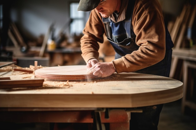 Een timmerman die een houten tafel maakt