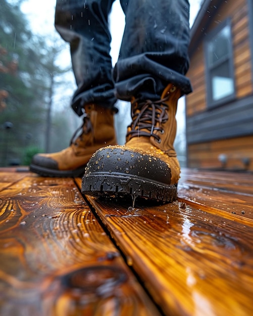 Foto een timmerman die spijkers in een houten dek hamert