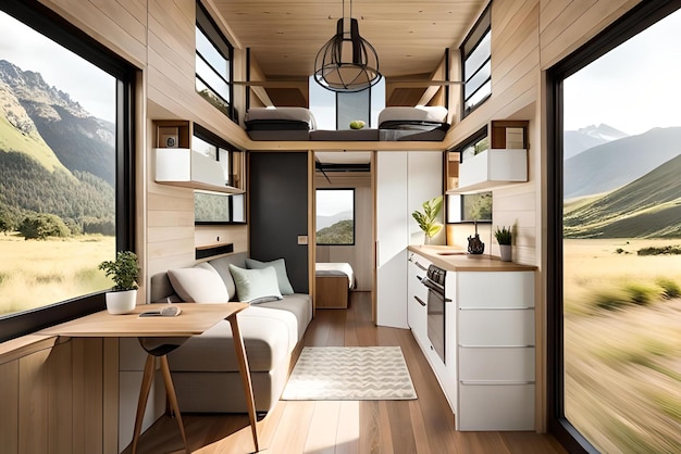 Een tiny house met keuken en woonkamer.