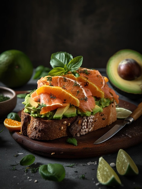 Een toast met avocado en zalm erop