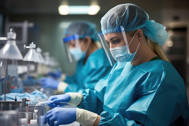 Een toegewijde gezondheidszorgmedewerker in blauwe scrubs inspecteert zorgvuldig een injectiespuit en onderstreept hun toewijding aan precisie in een klinische omgeving