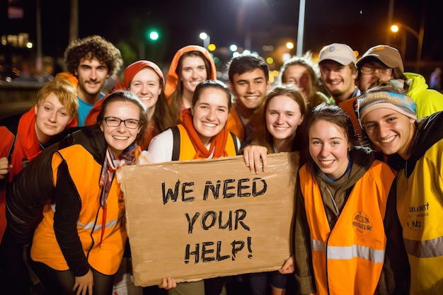 Een toegewijde groep vrijwilligers met een bord We Need Your Help Generative AI