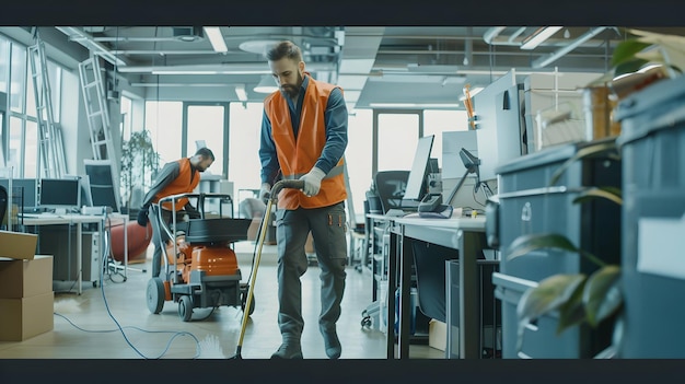 Een toegewijde schoonmaakploeg die de ophoping van stof in een druk kantoor aanpakt