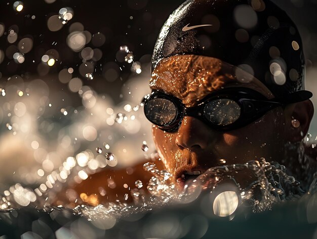 Een toegewijde zwemmende atleet die's nachts streng traint