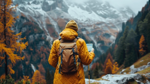 Een toerist met een geel jasje en rugzak wandelt op een ruig bergpad.
