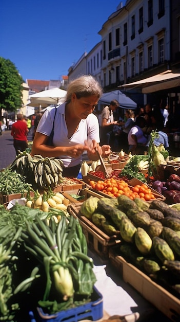 Foto een toerist op de beroemde boerenmarkt in de stad funchal in madeira, portugal