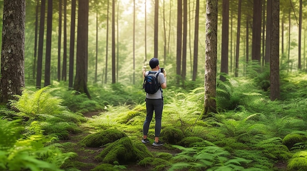 Een toerist staat midden in een weelderig zomerbos met camera in de hand klaar om een foto te maken