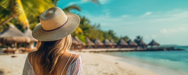 Een toeristenvrouw die in tropisch strand ontspant Creëer met generatieve ai