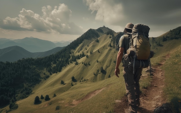 Een toeristische man met een rugzak staat op een bergtop en kijkt naar de bergen die door ai zijn gegenereerd