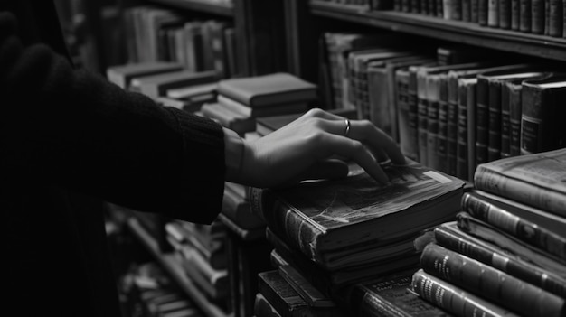 Een toevallige ontmoeting tussen twee vreemden in een bibliotheek terwijl hun handen onschuldig elkaar ontmoeten terwijl ze naar een boek reiken een onverwacht moment van verbinding dat nieuwsgierigheid opwekt en nieuwe vonken ontstaat