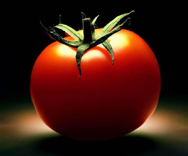 Een tomaat met een groen steeltje eraan