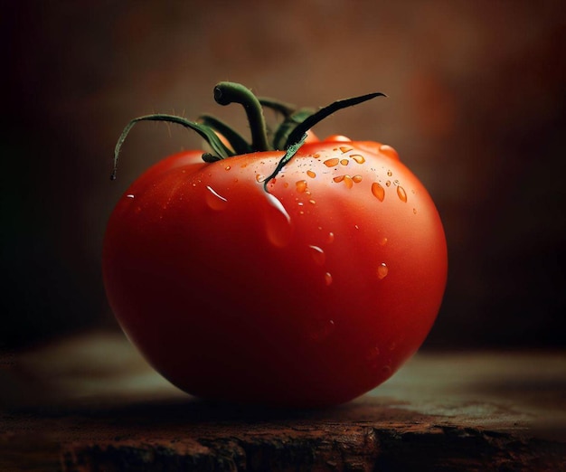 Een tomaat met waterdruppels erop