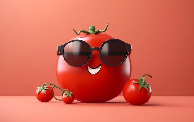 Een tomaat met zonnebril en een zonnebril zit op een roze achtergrond.