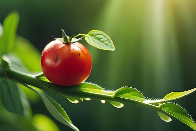 Een tomaat op een blad waar de zon op schijnt