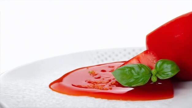 Een tomaat op een bord met saus