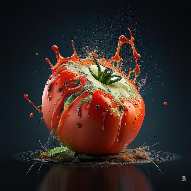 Een tomaat wordt in een plas water gedropt.