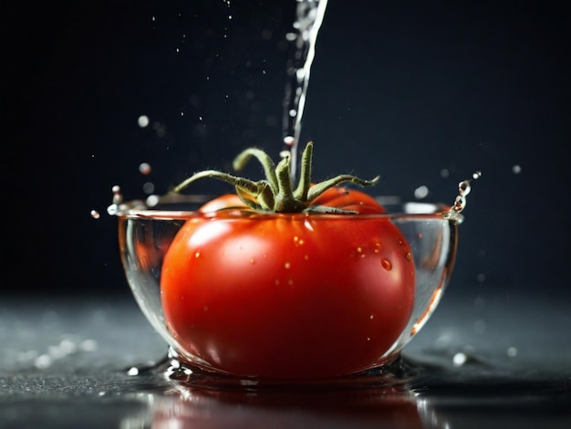een tomat wordt in een glazen schaal gegoten met water erop.
