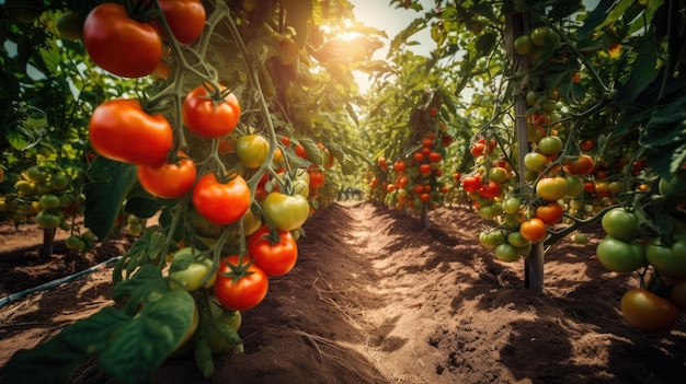 Een tomatenkwekerij groeit in een veld.