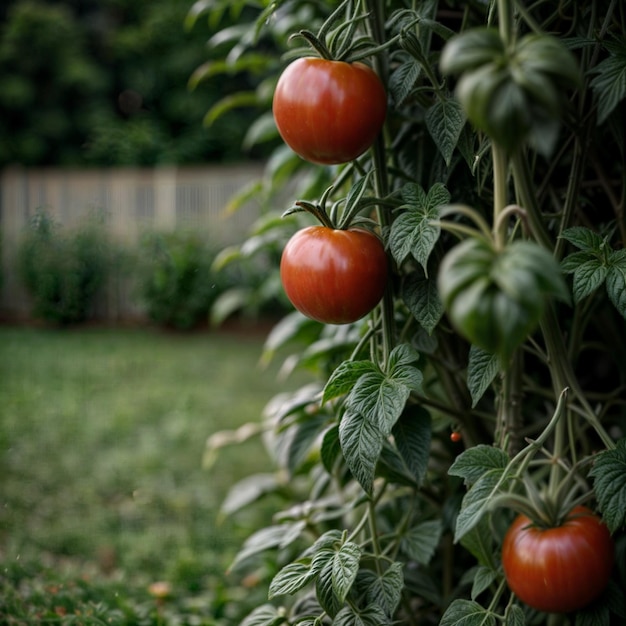 Foto een tomatenplant met tomaten die aan een wijnstok hangen