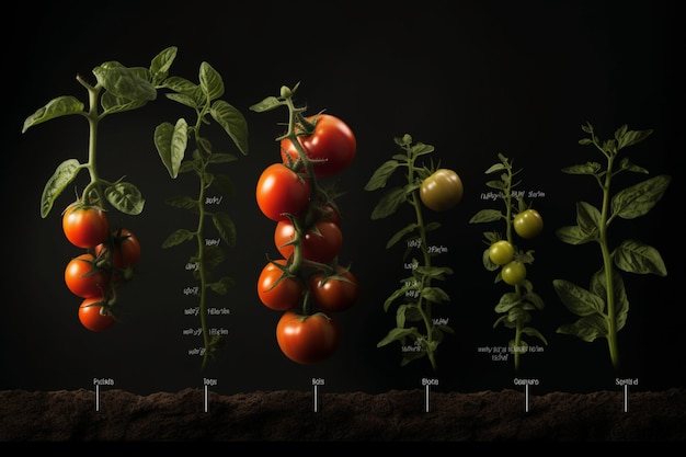 Een tomatenplant wordt getoond met de woorden "tomaat" bovenaan.