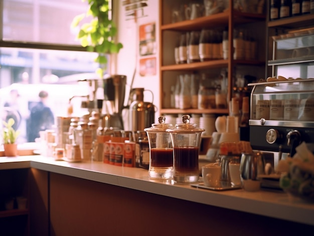 Een toonbank met een koffiezetapparaat en een fles espresso.