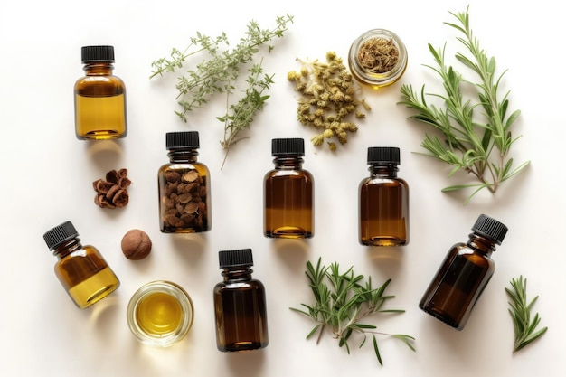 Een topbeeld van een verzameling essentiële oliën op een witte stenen tafel Ideaal voor het promoten van aromatherapie en natuurlijke remedies Generatieve AI