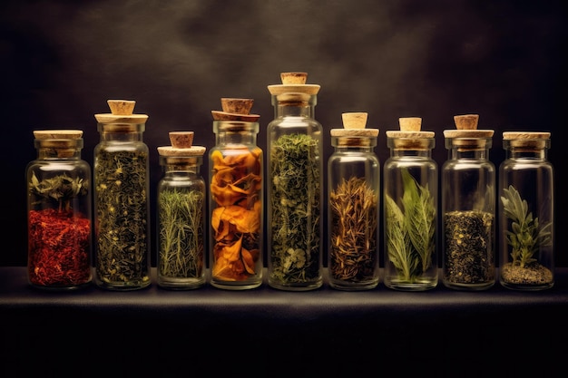 Een topbeeld van een verzameling essentiële oliën op een witte stenen tafel Ideaal voor het promoten van aromatherapie en natuurlijke remedies Generatieve AI