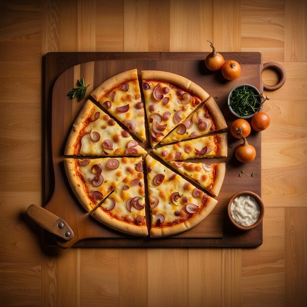 Een topbeeld van heerlijke veg pizza op een dikke houten snijplank