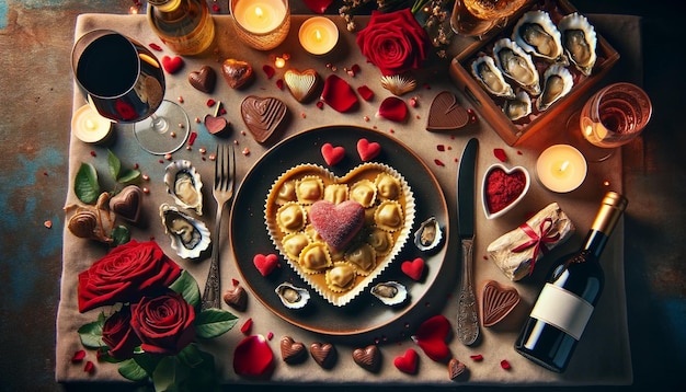 Foto een topdown uitzicht op een valentijnsdag diner met hartvormige ravioli oesters chocolade rode wijn