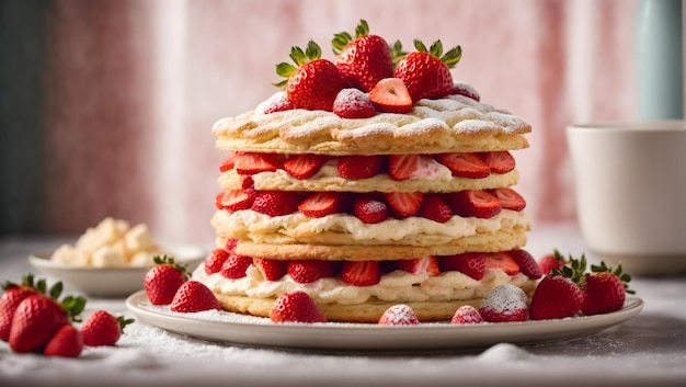 Een torenhoge drie lagen aardbeien shortcake met een rooster van boterige gebak