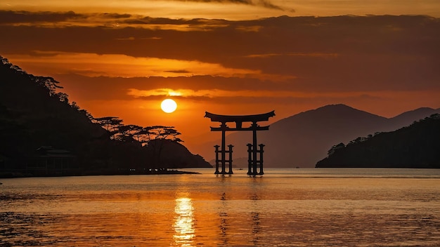 Foto een torii-poort met een silhouet tegen de vurige kleuren van de zonsondergang over de zee