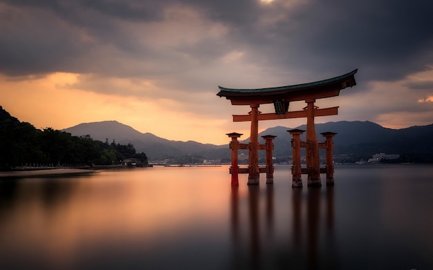 een torii poort zit in het water met bergen op de achtergrond