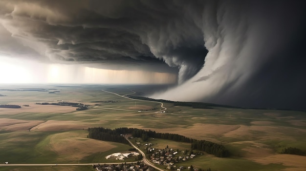 Een tornado met zijn wervelende draaikolk die naar de hemel reikt en een spoor van chaos achterlaat