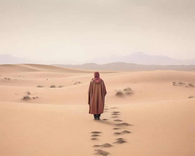 Een tot nadenken stemmend beeld van een eenzame zwerver in een desolate woestijn Generative AI