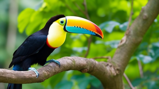 Een toucan zit op een tak in een boom