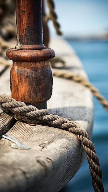 Foto een touw vastgebonden aan een houten paal op een boot ai