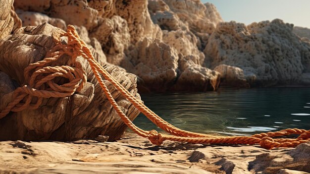 een touw vastgebonden met een touw door een rots naast een meer en een boot in de stijl van licht oranje en donker